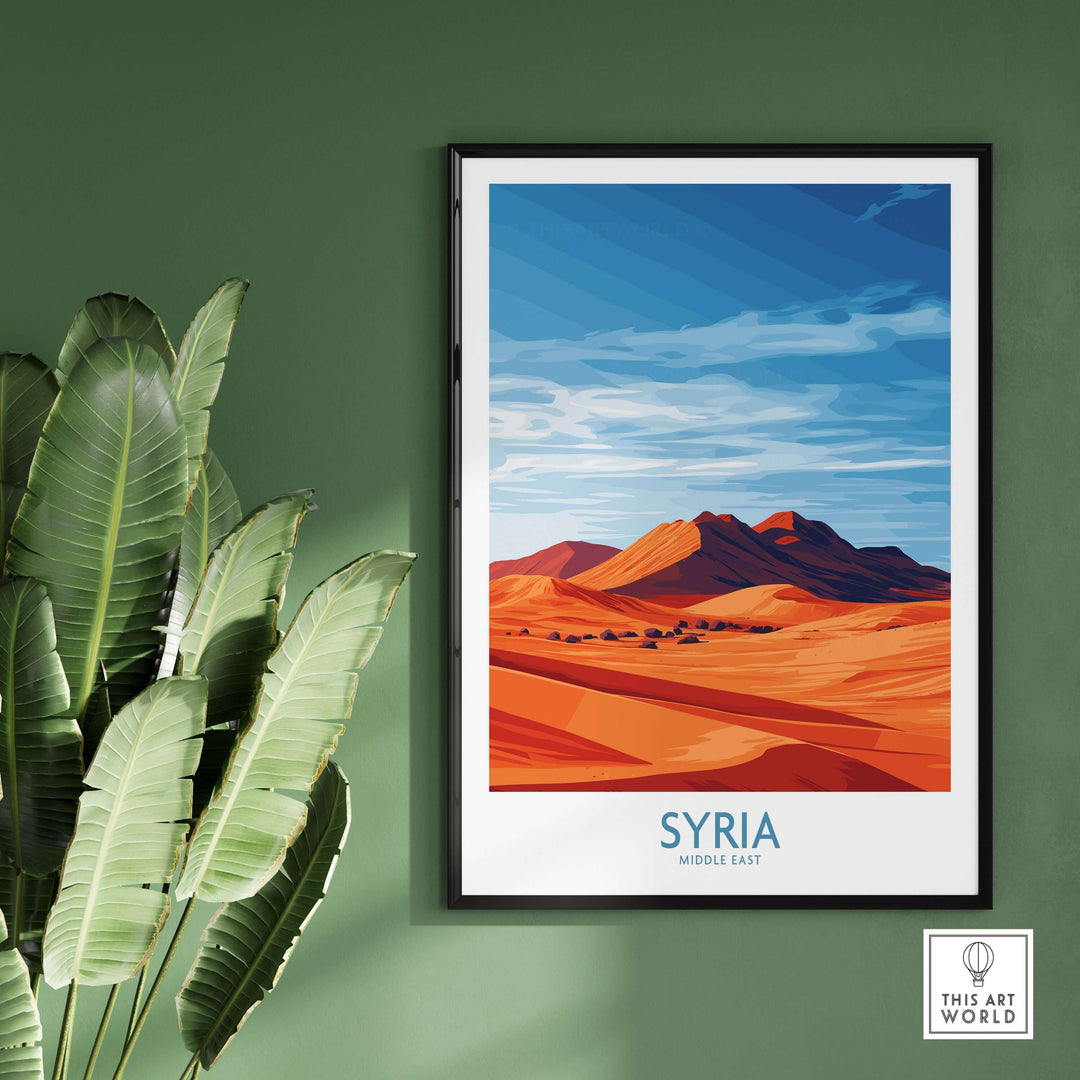 Syria Desert Landscape Poster featuring abstract sand dunes against a blue sky, ideal for minimalist home decor.