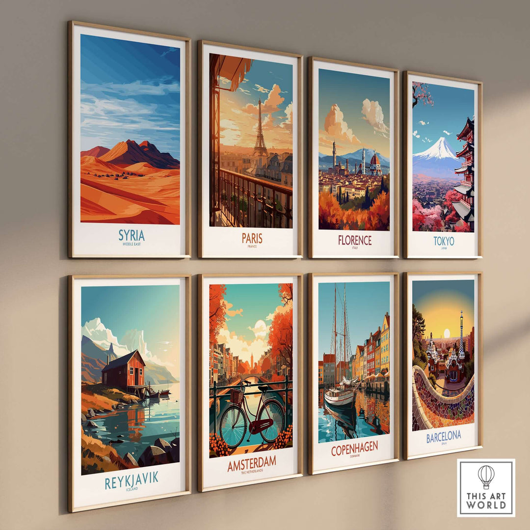 Collection of travel posters featuring landscapes from Syria, Paris, Florence, Tokyo, Reykjavik, Amsterdam, Copenhagen, and Barcelona.