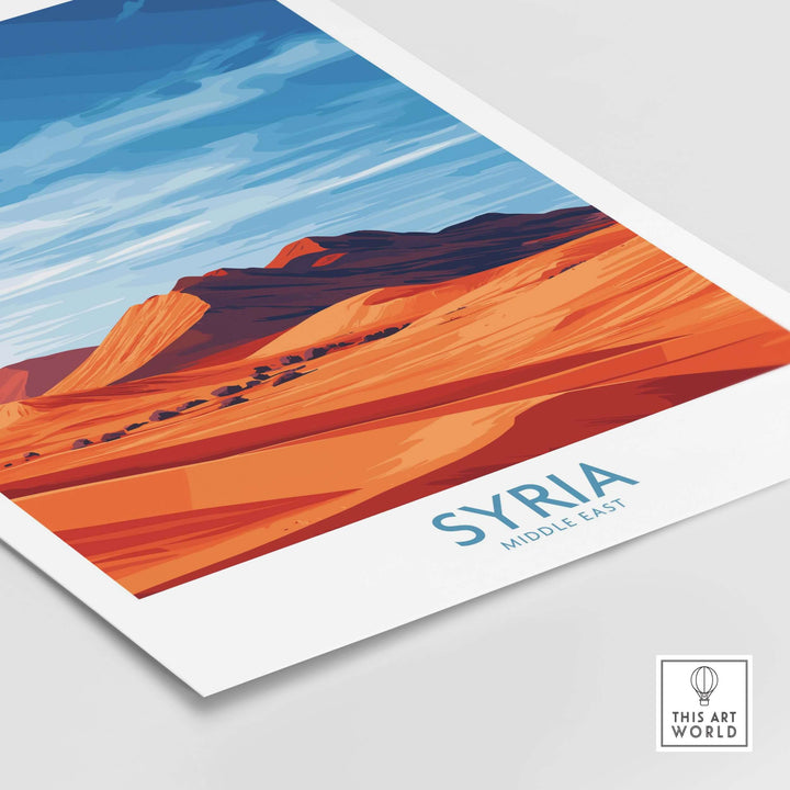 Syria desert landscape poster showcasing abstract sand dunes and sky in vibrant colors, ideal for minimalist decor.