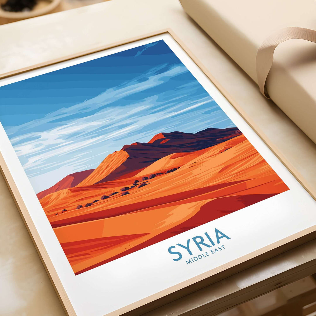 Syria desert landscape poster with abstract sand dunes and blue sky, perfect for Middle East travel decor.