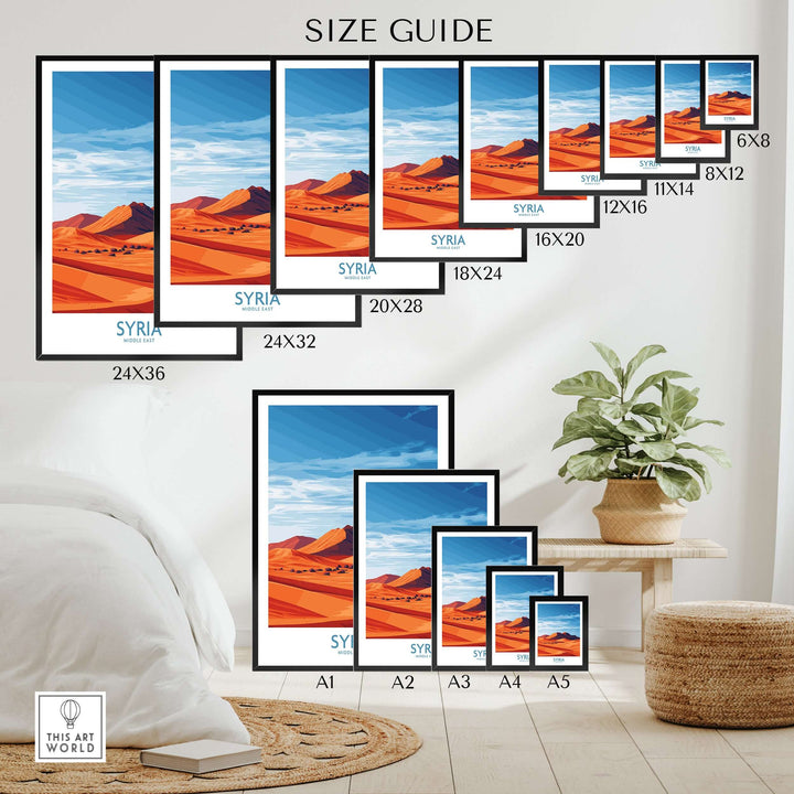 Syria Desert Landscape Poster size guide showcasing various frame sizes for abstract sand dune wall art.