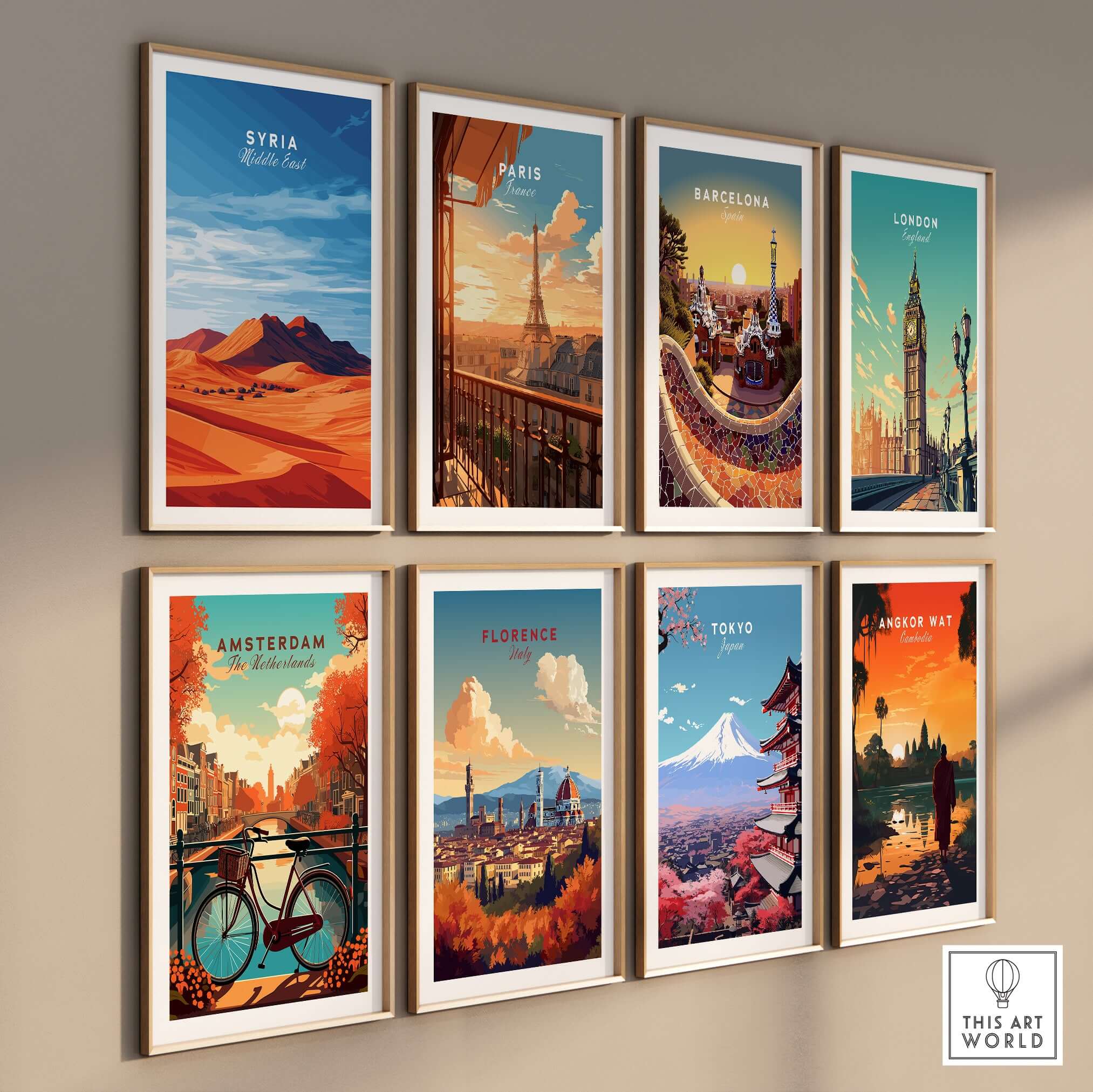 Syria Poster - Middle Eastern Desert Print - Modern Home Decor for Walls displayed among other travel posters.