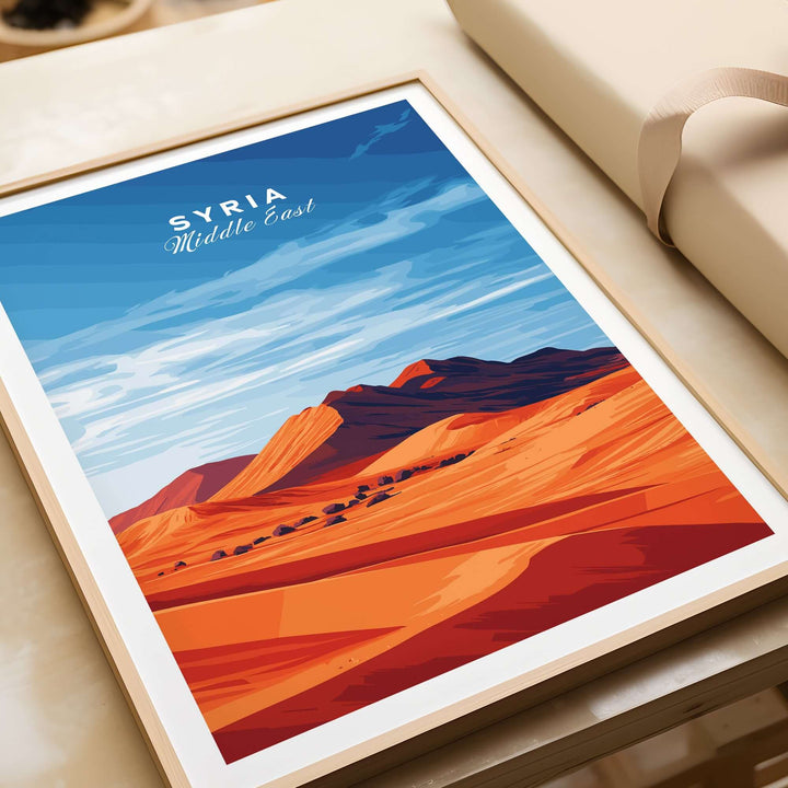 Syria poster featuring a colorful Middle Eastern desert landscape, ideal for modern home decor.