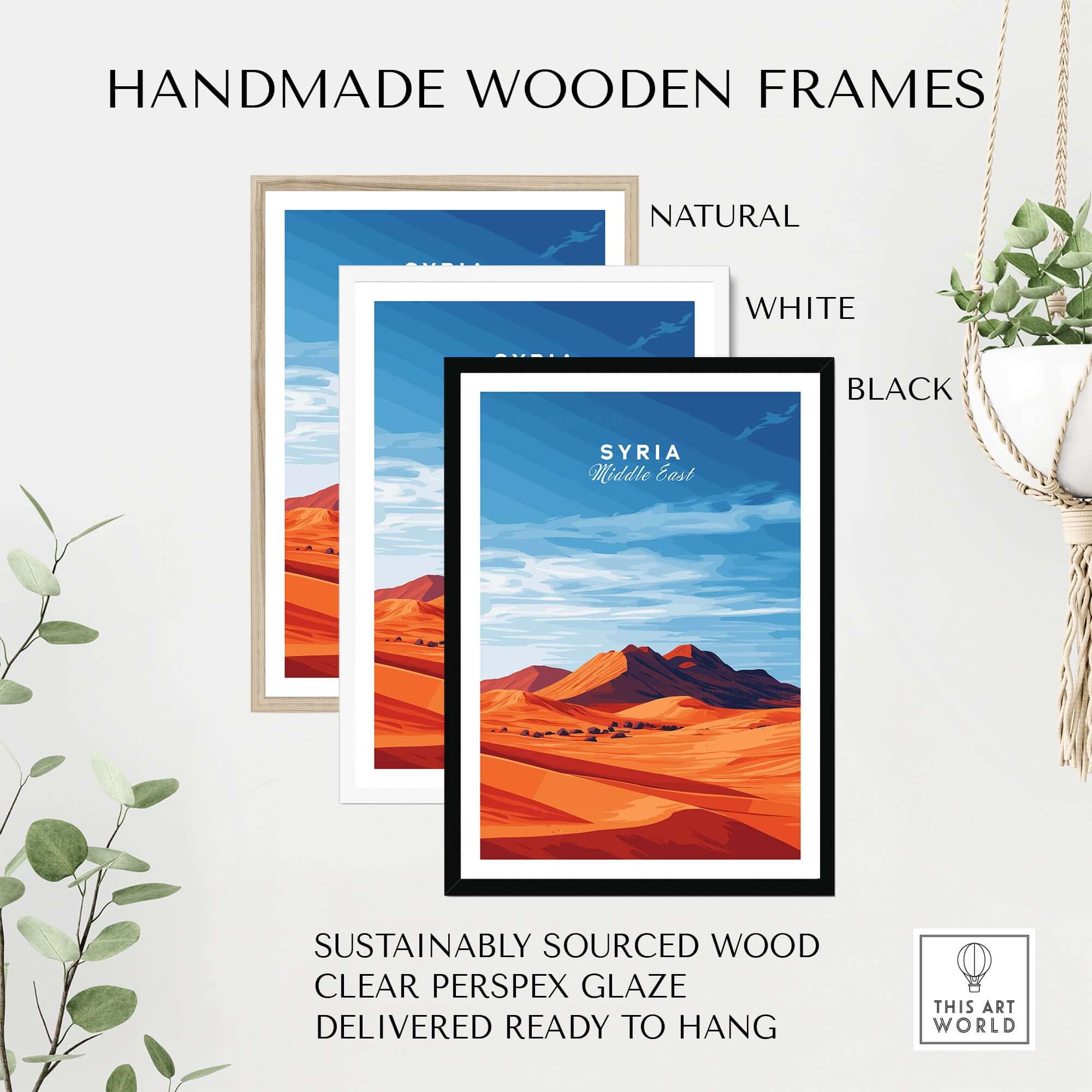 Syria Poster - Middle Eastern Desert Print - Modern Home Decor for Walls displayed in handmade wooden frames.