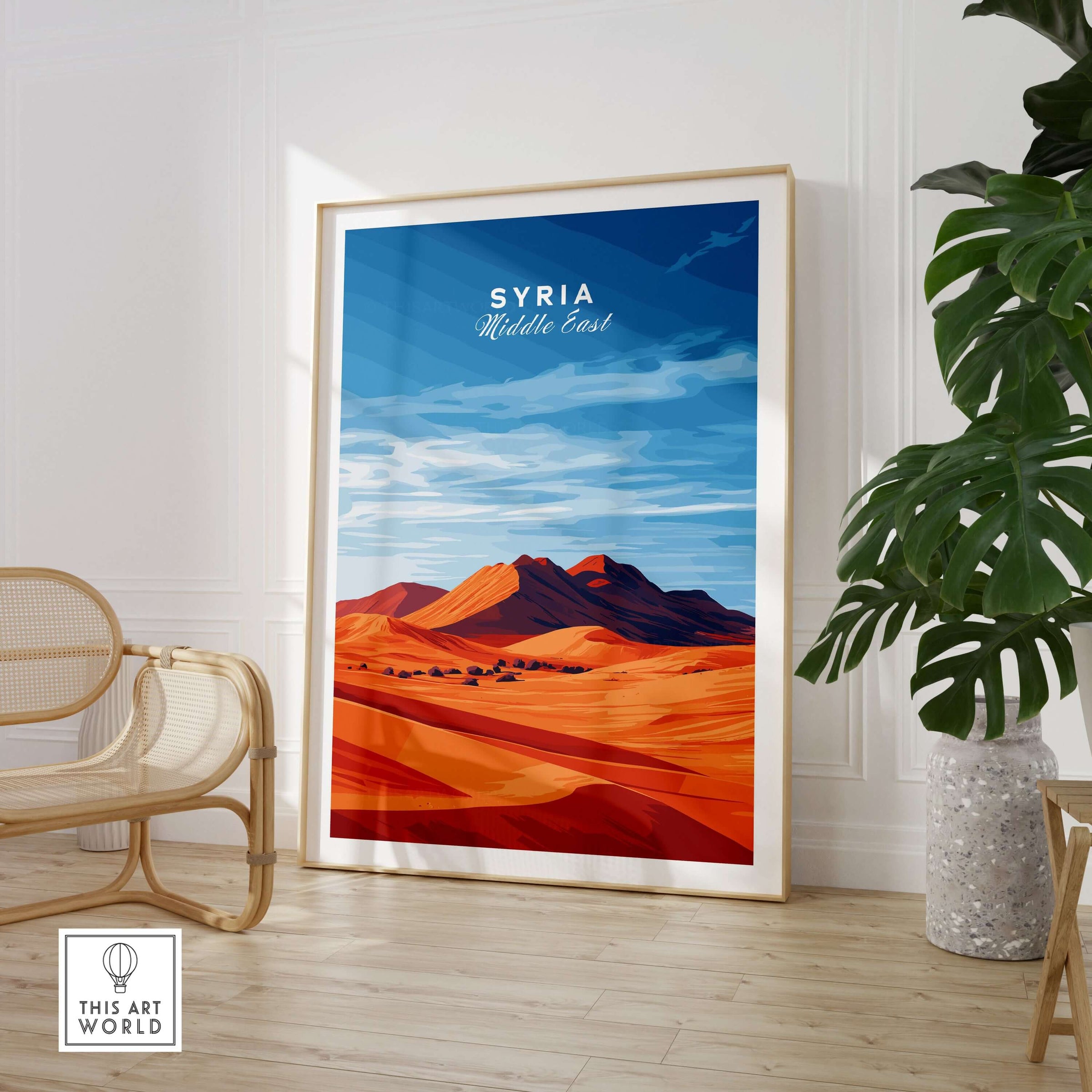 Syria Poster - Middle Eastern Desert Print - Modern Home Decor for Walls displayed in a stylish interior setting.
