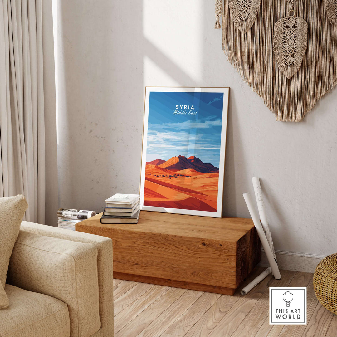 Syria poster featuring a vibrant desert landscape, perfect for modern home decor in a stylish living room setting.