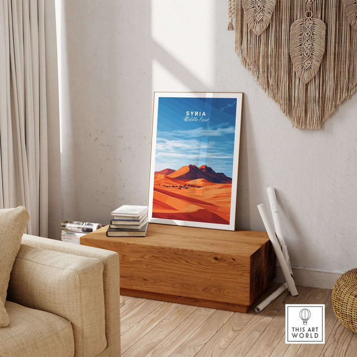 Syria poster featuring a vibrant desert landscape, perfect for modern home decor in a stylish living room setting.