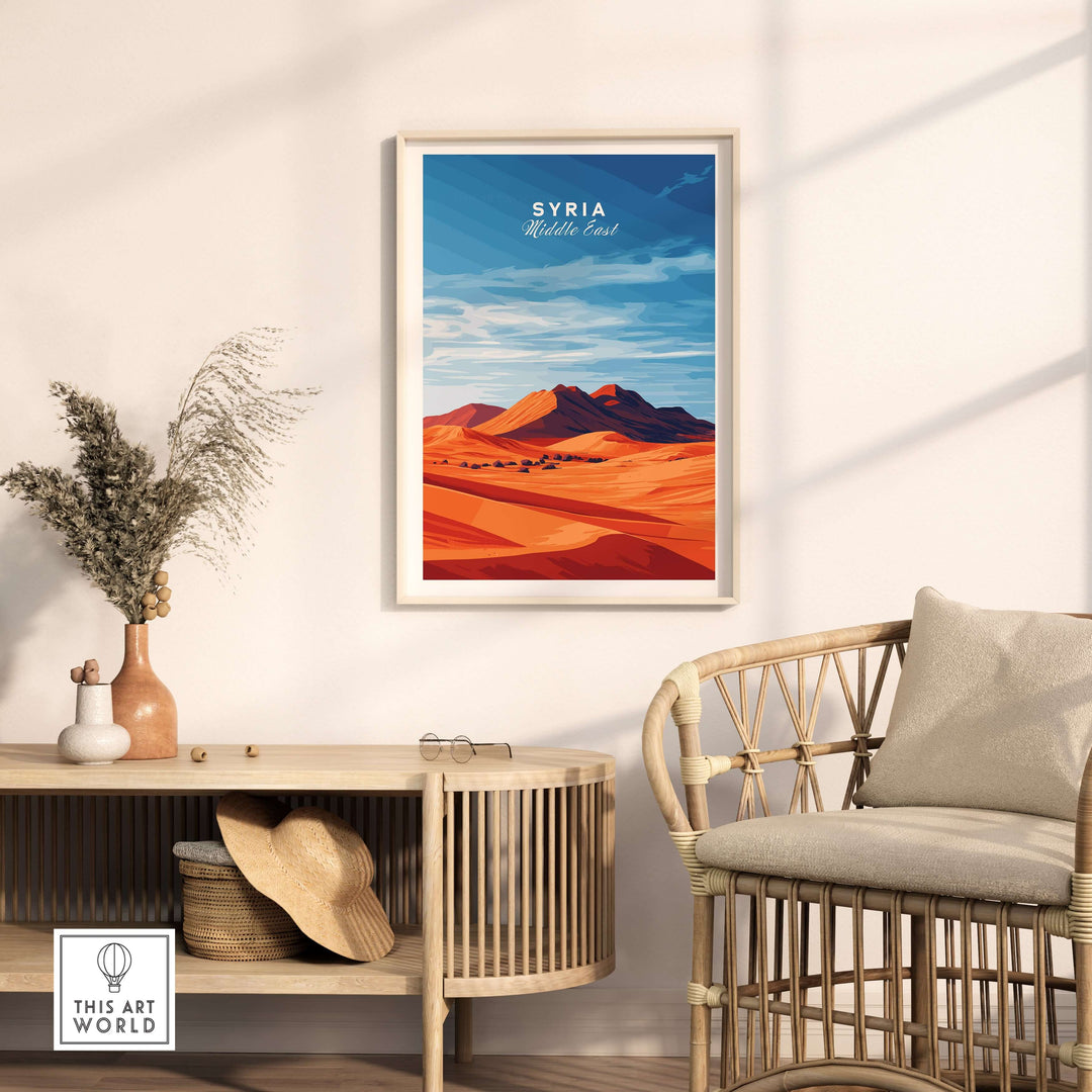 Syria poster showcasing Middle Eastern desert landscape, modern home decor, framed print in stylish living room.