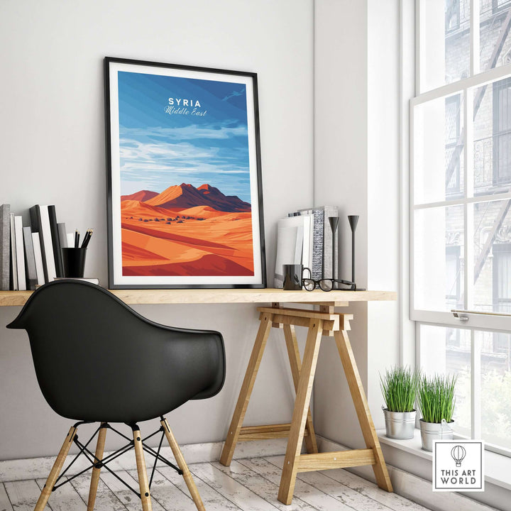 Syria poster featuring a vibrant desert landscape in a modern home office, enhancing decor with elegance.