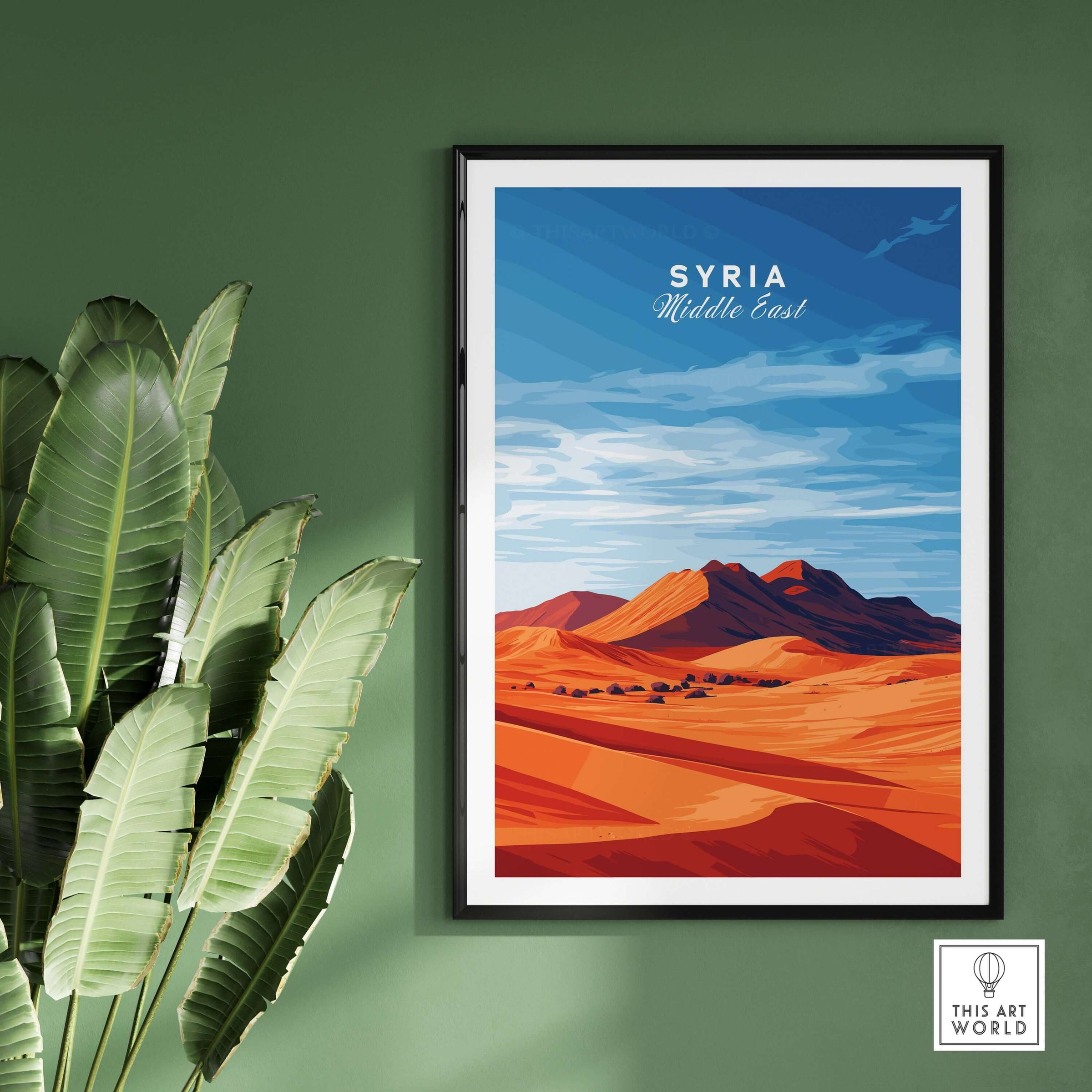 Syria Poster - Middle Eastern Desert Print - Modern Home Decor for Walls displayed on a green wall with plants.