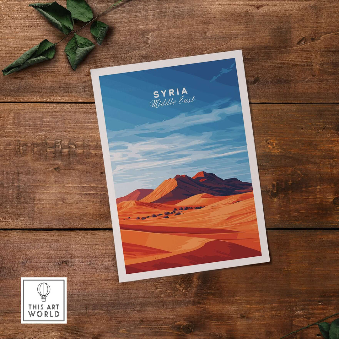 Syria poster featuring a Middle Eastern desert landscape, perfect for modern home decor with minimalist design.