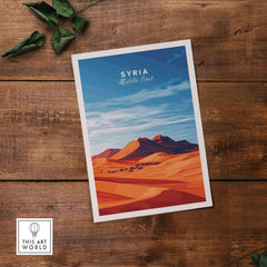 Syria Poster - Middle Eastern Desert Print - Modern Home Decor for Walls showcasing desert landscape and blue sky.