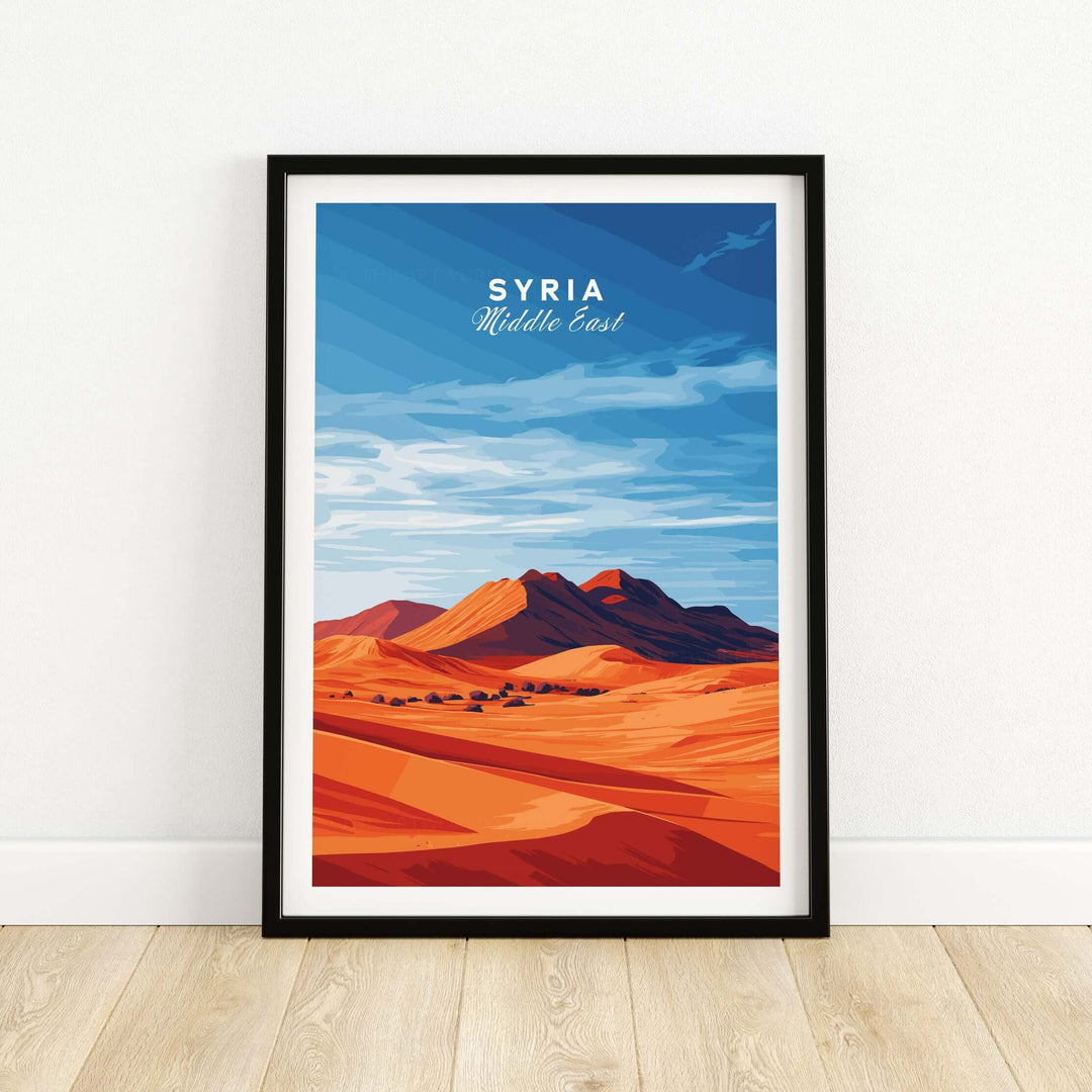 Syria poster featuring Middle Eastern desert landscape, modern home decor for walls in vibrant colors.