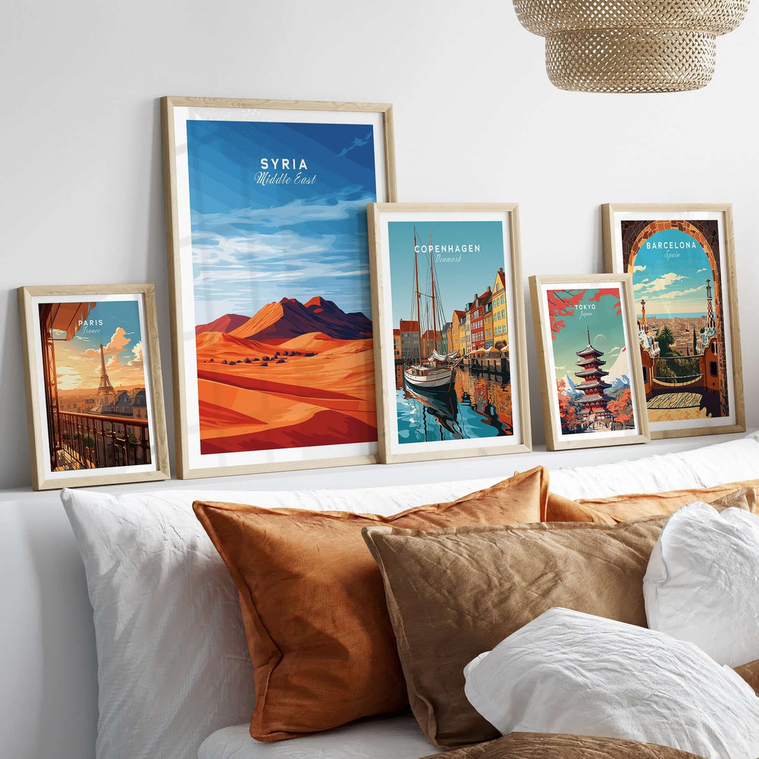 Syria poster print among other travel-themed framed art, showcasing desert scenery for modern home decor.