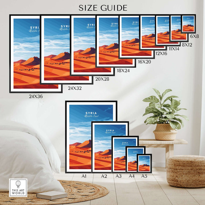 Size guide for Syria poster featuring Middle Eastern desert prints in various frame sizes for modern home decor.