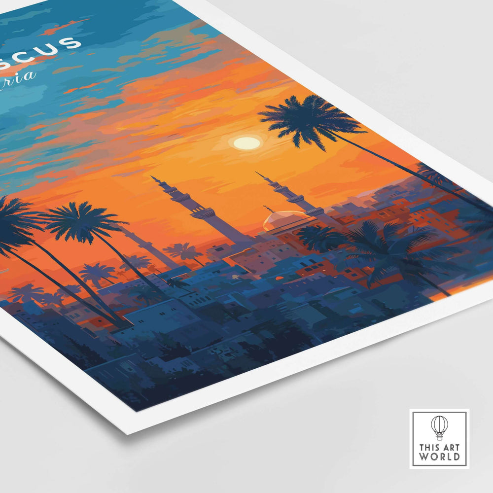 Syrian sunset print featuring Damascus skyline, palm trees, and vibrant colors for cultural wall art decor.