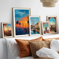Syrian City Sunset Print - Historic Damascus Skyline Poster - Palm Tree Wall Art displayed on a stylish living room wall.