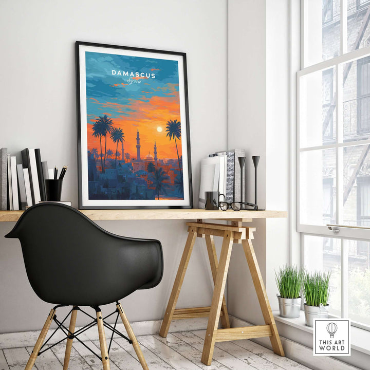Historic Damascus skyline sunset print featuring palm trees for cultural wall art in modern decor.