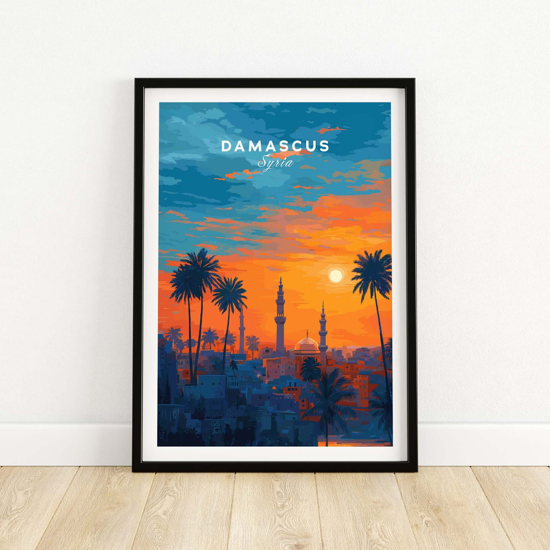Sunset view of Damascus skyline with palm trees, showcasing vibrant colors and Middle Eastern heritage.