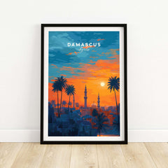 Syrian City Sunset Print - Historic Damascus Skyline Poster - Palm Tree Wall Art featuring a vibrant sunset over Damascus.