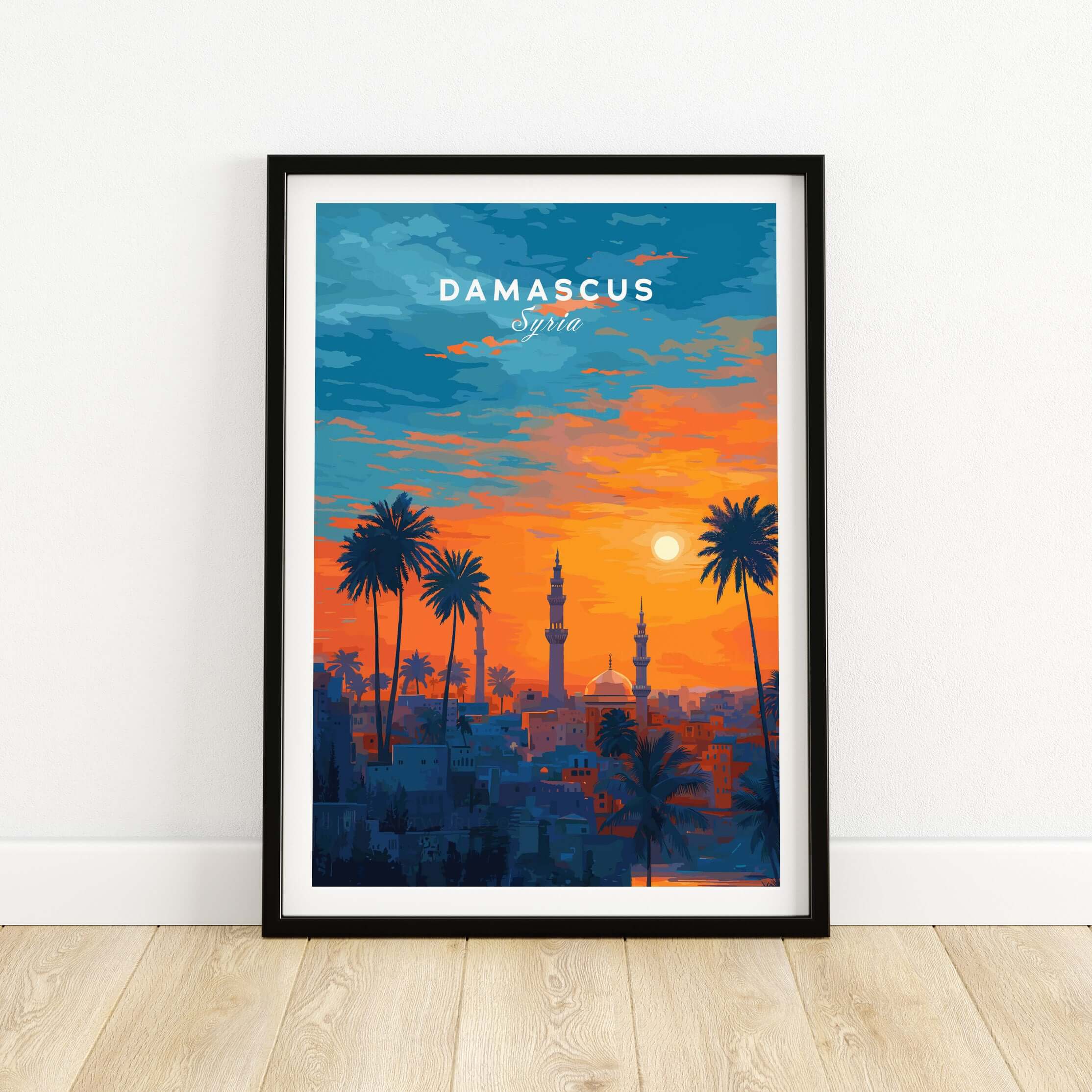 Syrian City Sunset Print - Historic Damascus Skyline Poster - Palm Tree Wall Art featuring a vibrant sunset over Damascus.