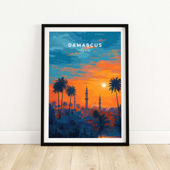 Sunset view of Damascus skyline with palm trees, showcasing vibrant colors and Middle Eastern heritage.