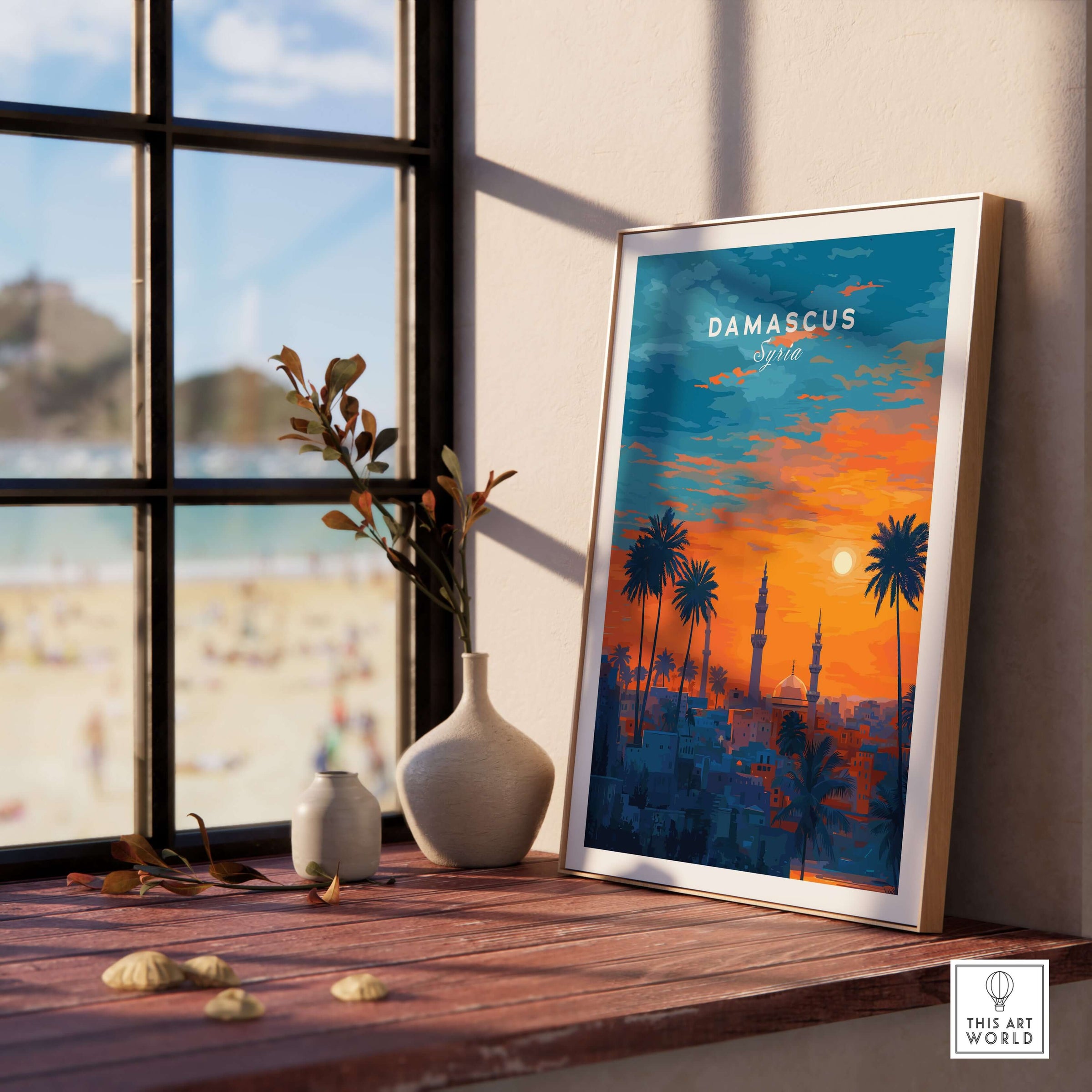 Syrian City Sunset Print - Historic Damascus Skyline Poster - Palm Tree Wall Art displayed on a cozy windowsill.
