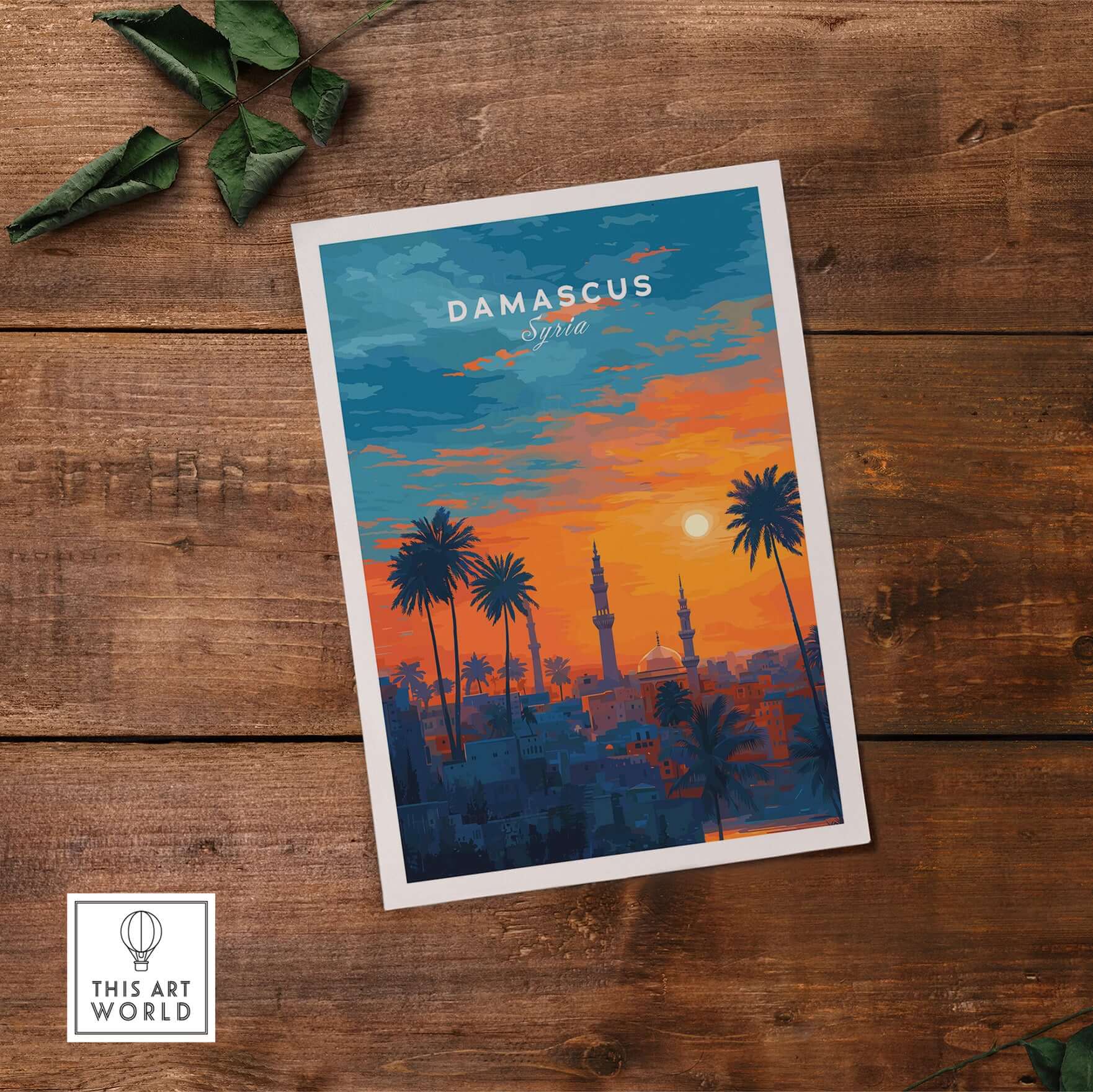 Syrian City Sunset Print - Historic Damascus Skyline Poster - Palm Tree Wall Art on wooden background with sunset colors.