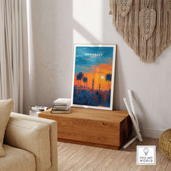 Syrian City Sunset Print - Historic Damascus Skyline Poster - Palm Tree Wall Art displayed in a stylish living room.