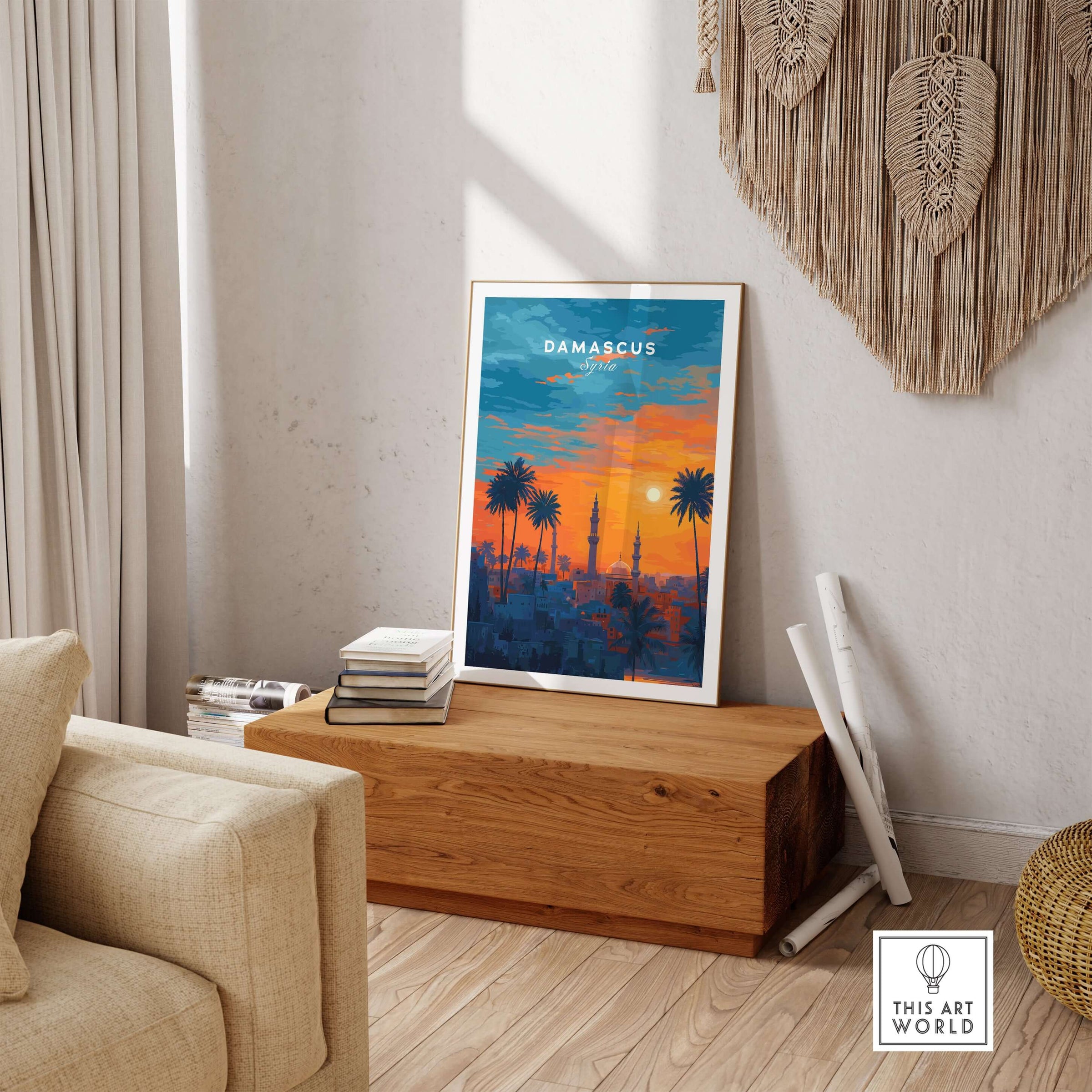 Syrian City Sunset Print - Historic Damascus Skyline Poster - Palm Tree Wall Art displayed in a stylish living room.