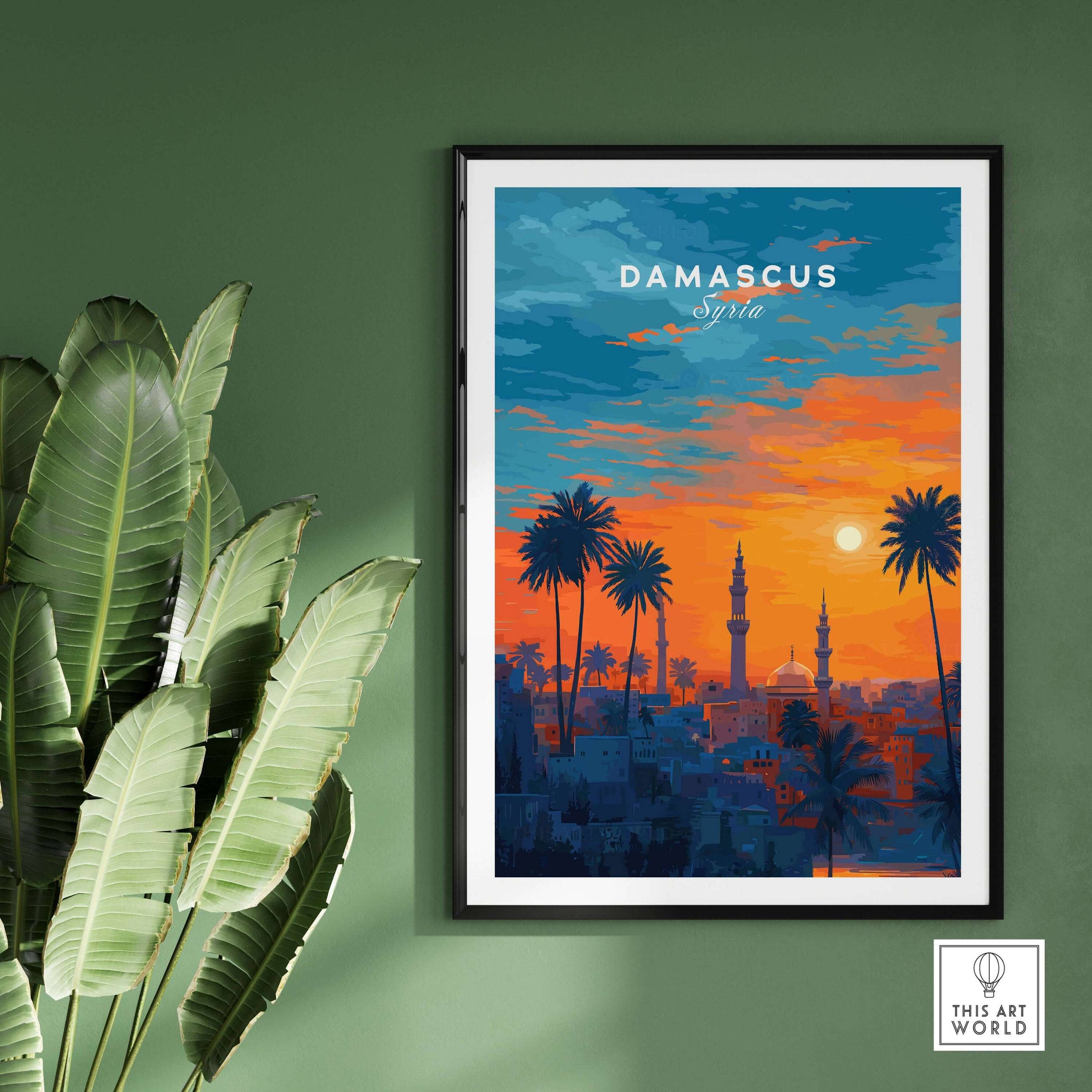Syrian City Sunset Print - Historic Damascus Skyline Poster - Palm Tree Wall Art framed on green wall with palm leaves.