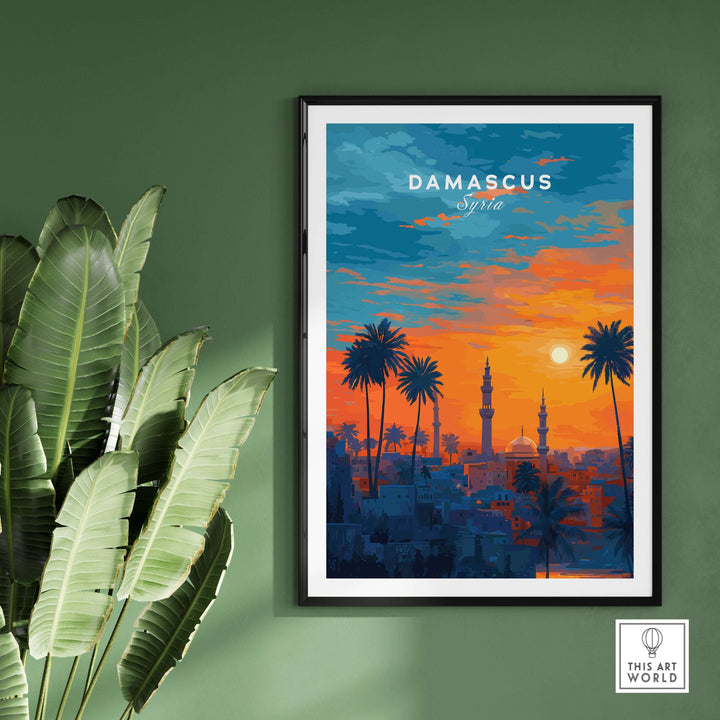 Historic Damascus skyline poster with palm trees under a vibrant Syrian sunset.