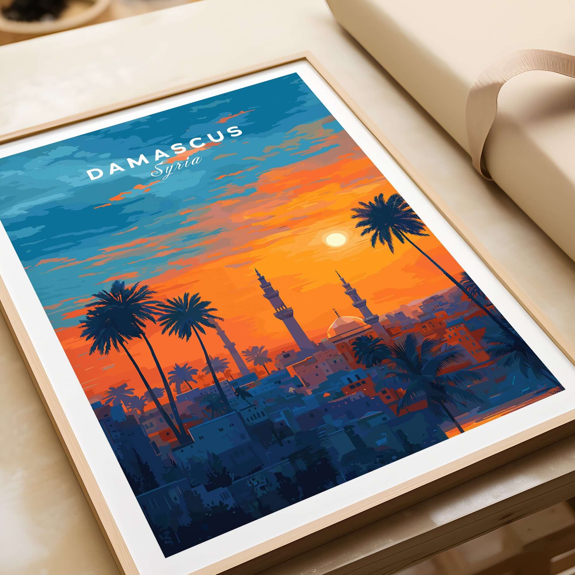 Syrian City Sunset Print - Historic Damascus Skyline Poster - Palm Tree Wall Art featuring a vibrant sunset and palm trees.