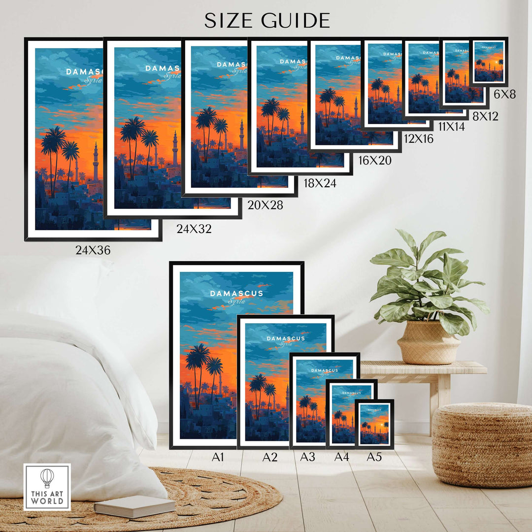 Size guide for Syrian City Sunset Print of Damascus skyline with palm tree wall art in various dimensions.