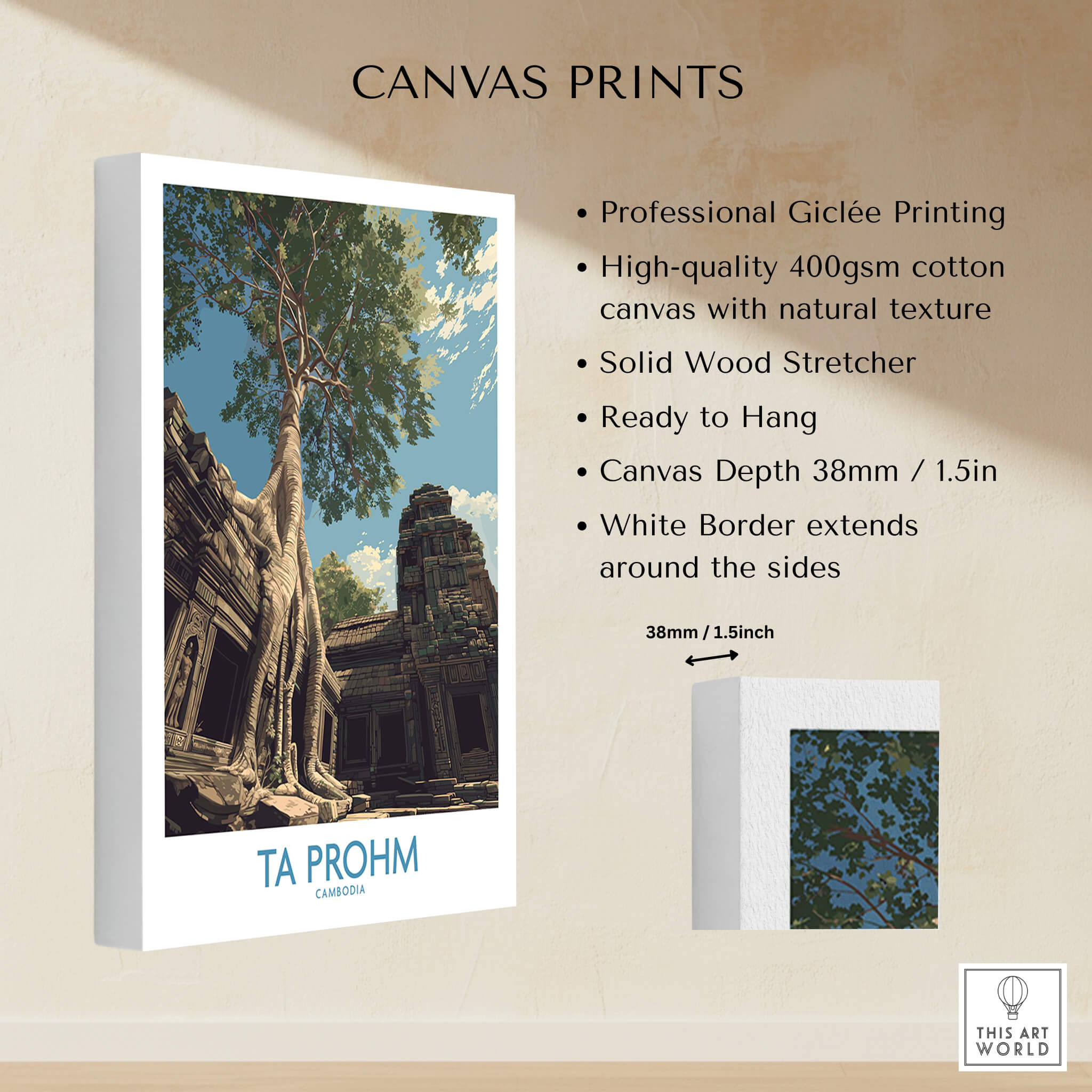 Ta Prohm Cambodia Poster | Sunset Jungle Temple Scene Canvas Print showcasing Giclée printing and high-quality canvas details.