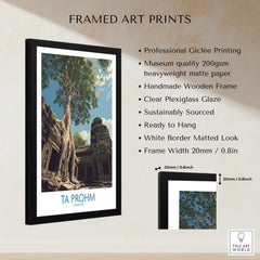 Ta Prohm Cambodia Poster | Sunset Jungle Temple Scene Canvas Print in a framed art print design with natural elements.