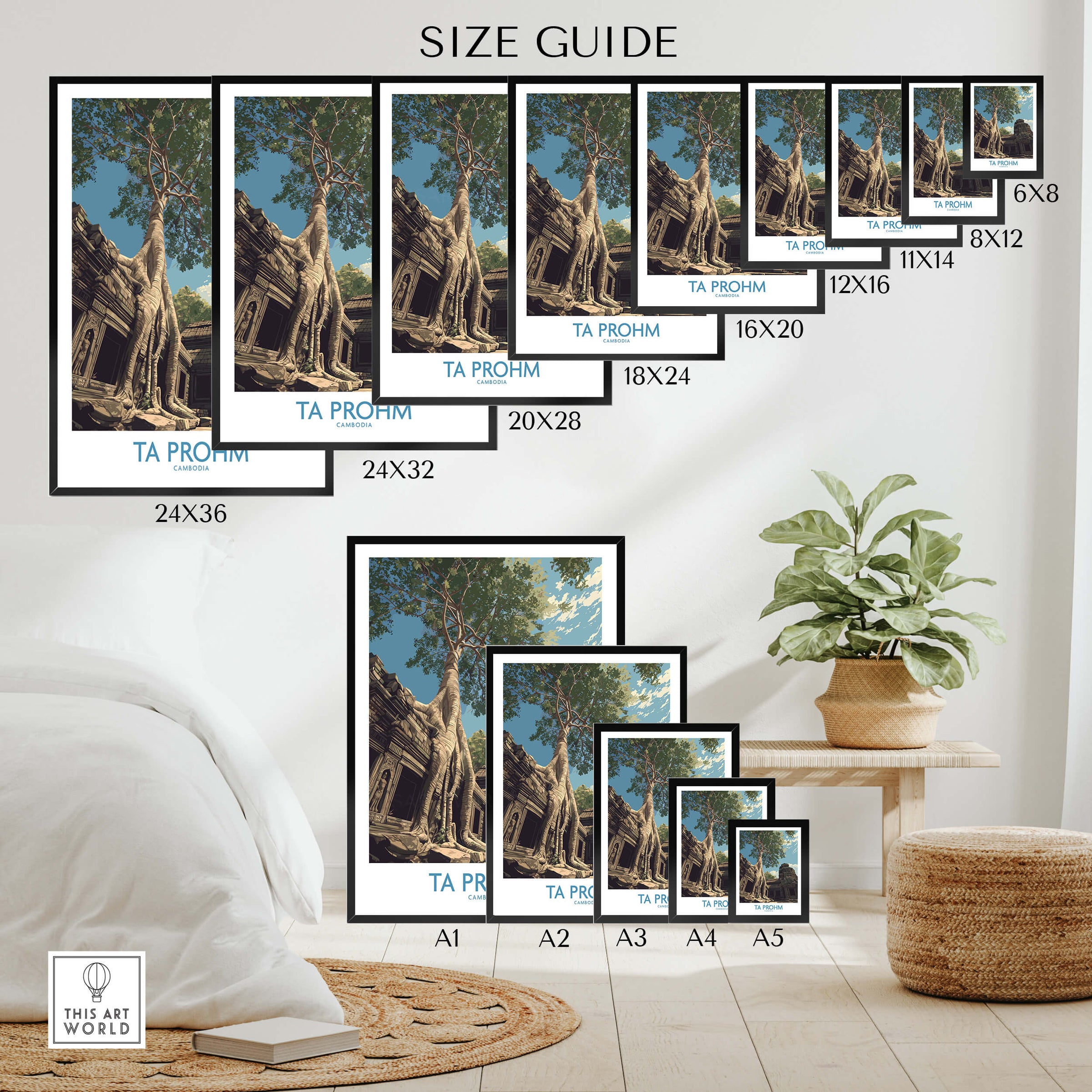 Ta Prohm Cambodia Poster | Sunset Jungle Temple Scene Canvas Print size guide with various frame sizes displayed.