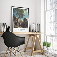 Ta Prohm Cambodia Poster | Sunset Jungle Temple Scene Canvas Print displayed in modern workspace setting.