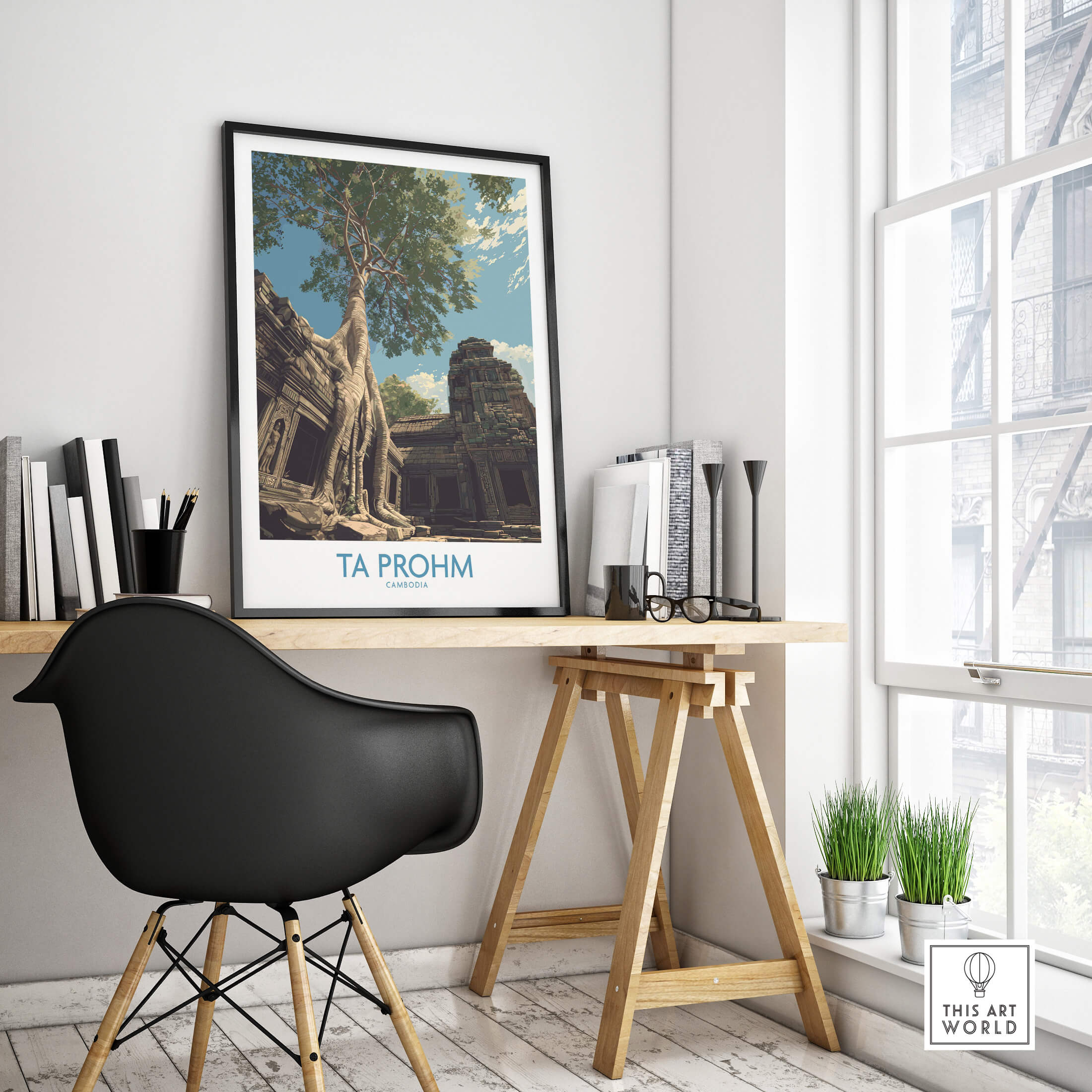 Ta Prohm Cambodia Poster | Sunset Jungle Temple Scene Canvas Print displayed in modern workspace setting.