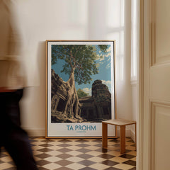 Ta Prohm Cambodia Poster | Sunset Jungle Temple Scene Canvas Print displayed in a stylish interior setting.