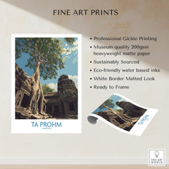 Ta Prohm Cambodia Poster | Sunset Jungle Temple Scene Canvas Print featuring giclée printing and sustainable materials.