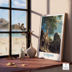 Ta Prohm Cambodia Poster | Sunset Jungle Temple Scene Canvas Print displayed in a cozy interior with beach view.
