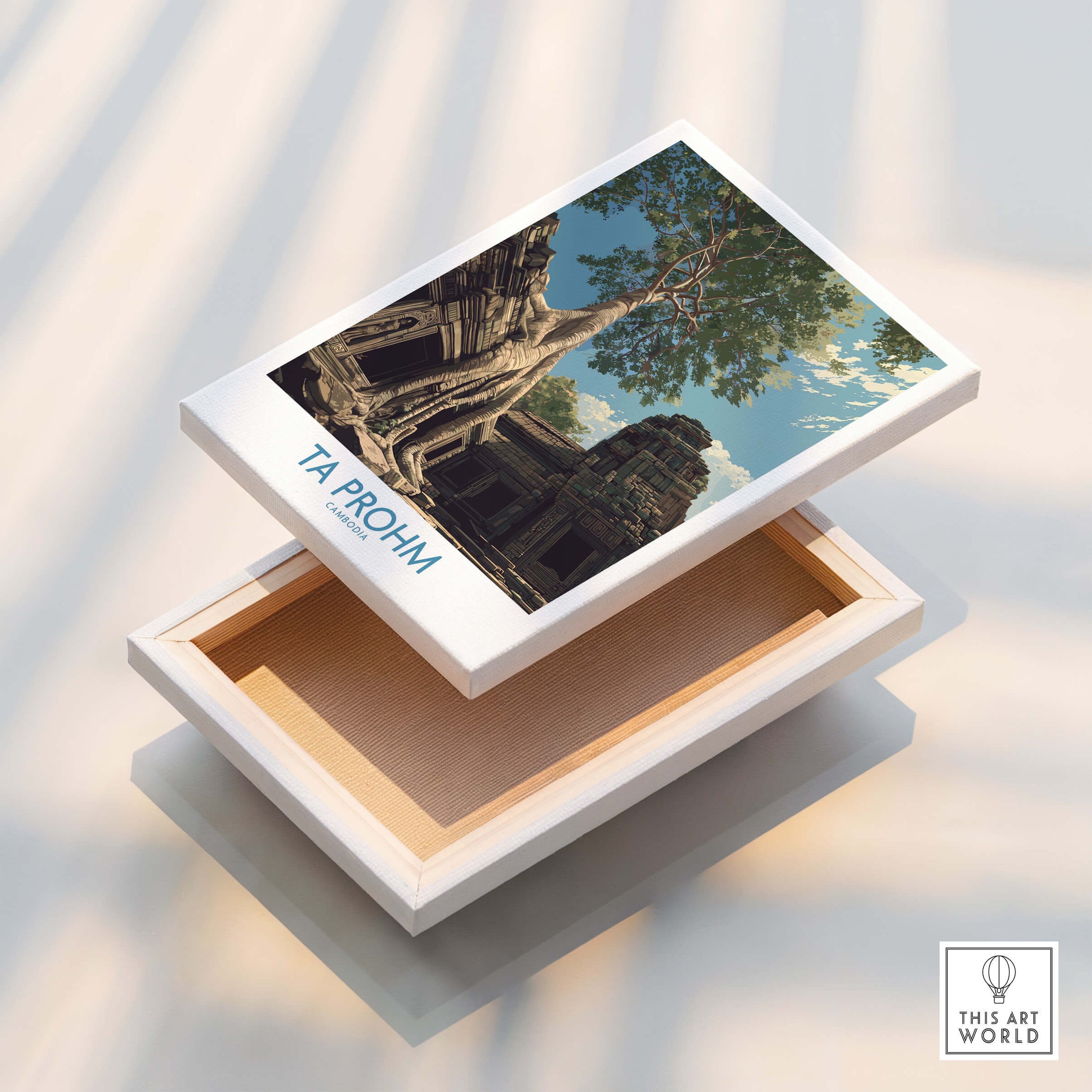 Ta Prohm Cambodia Poster | Sunset Jungle Temple Scene Canvas Print displayed on a decorative box.