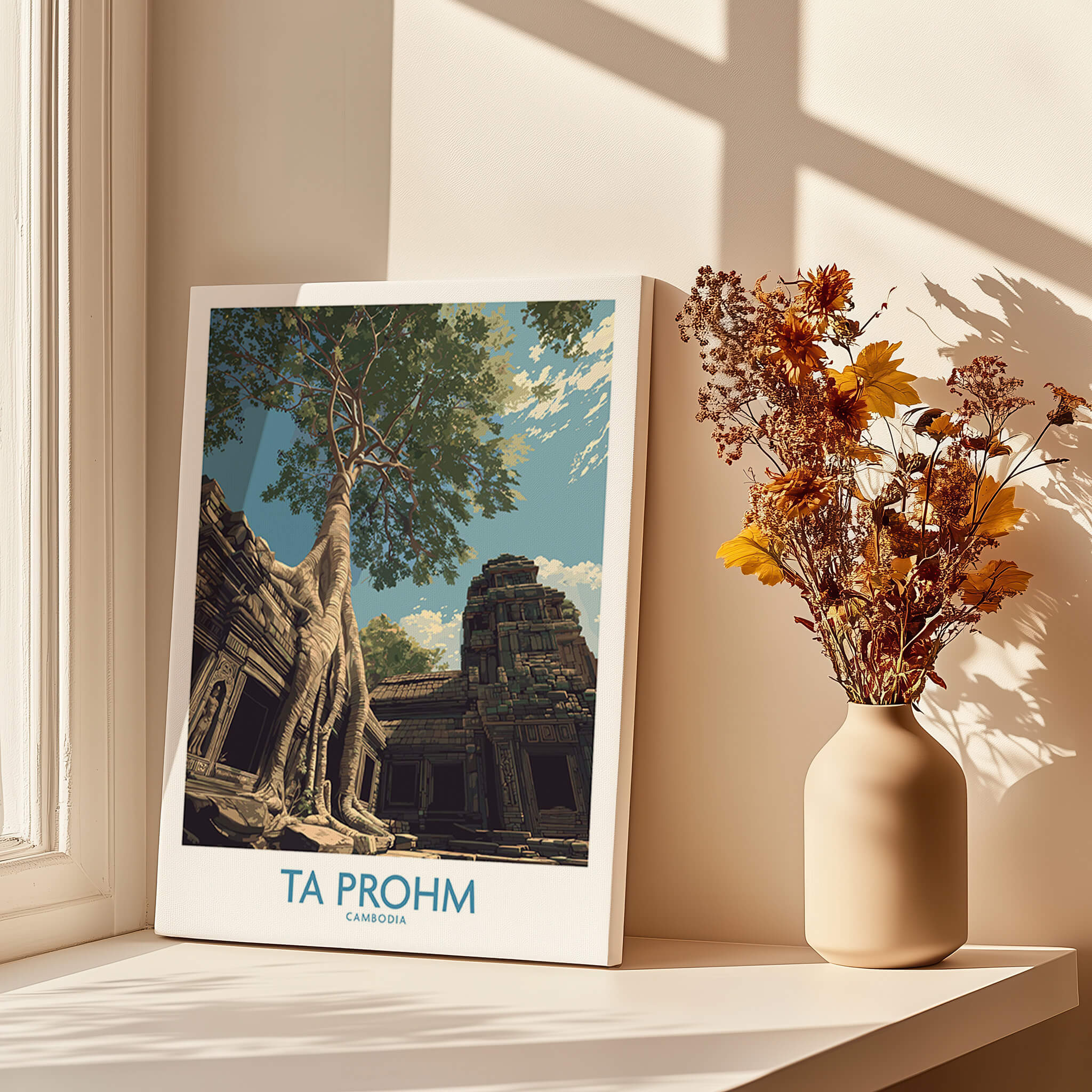 Ta Prohm Cambodia Poster | Sunset Jungle Temple Scene Canvas Print displayed in a sunlit room with a vase of flowers.