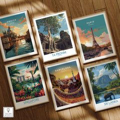 Ta Prohm Cambodia Poster | Sunset Jungle Temple Scene Canvas Print featuring stunning travel posters.