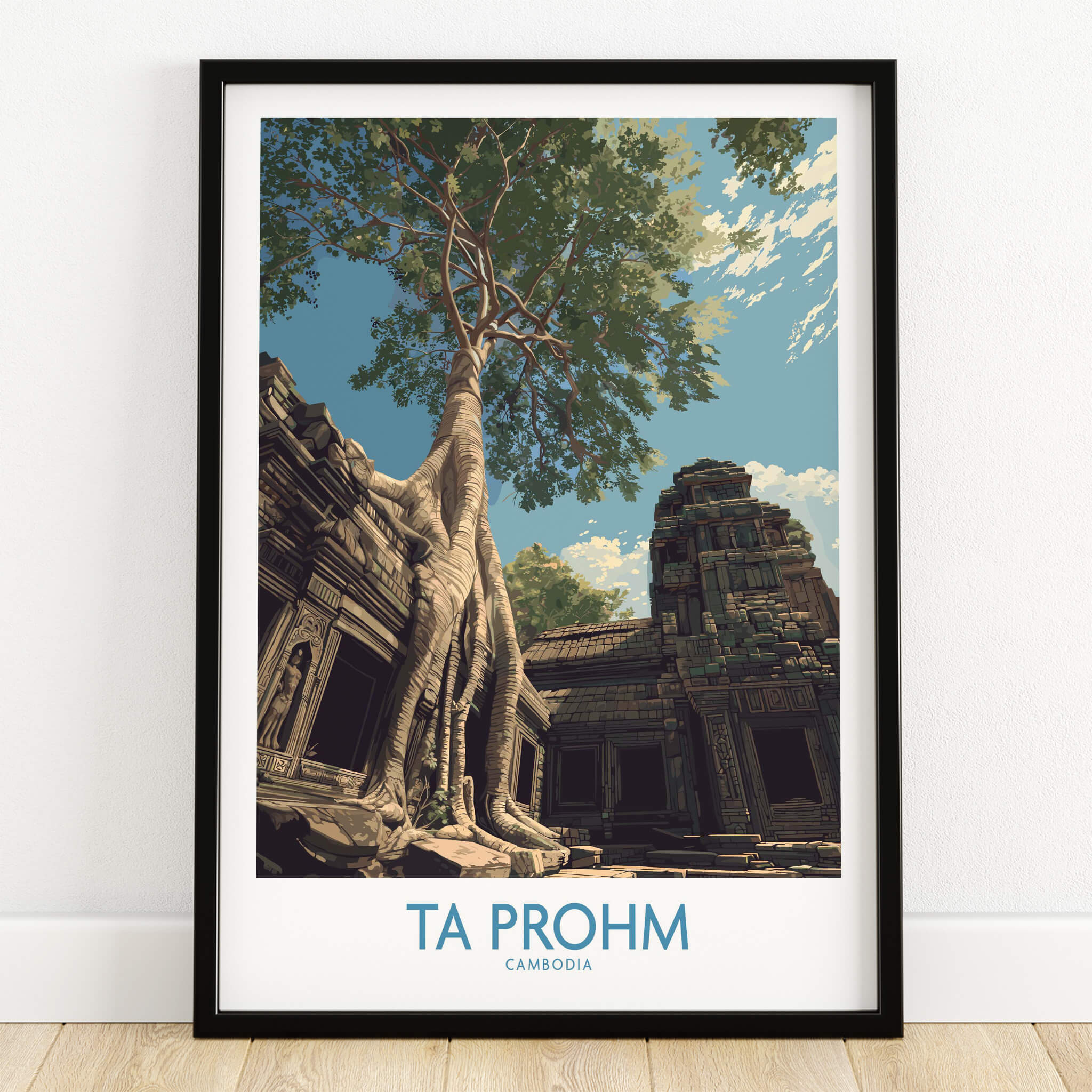Ta Prohm Cambodia Poster | Sunset Jungle Temple Scene Canvas Print featuring an ancient temple and lush trees.