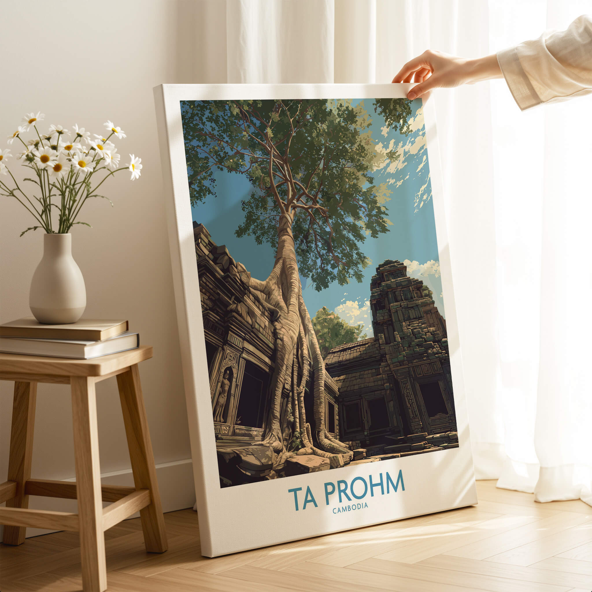 Ta Prohm Cambodia Poster | Sunset Jungle Temple Scene Canvas Print featuring ancient temple and tree