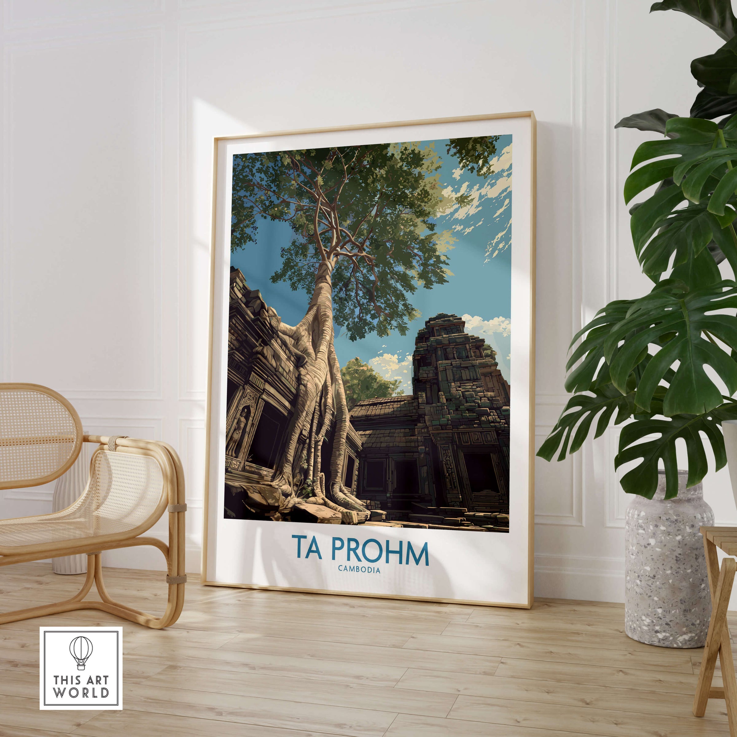 Ta Prohm Cambodia Poster | Sunset Jungle Temple Scene Canvas Print displayed in a modern interior setting with greenery.