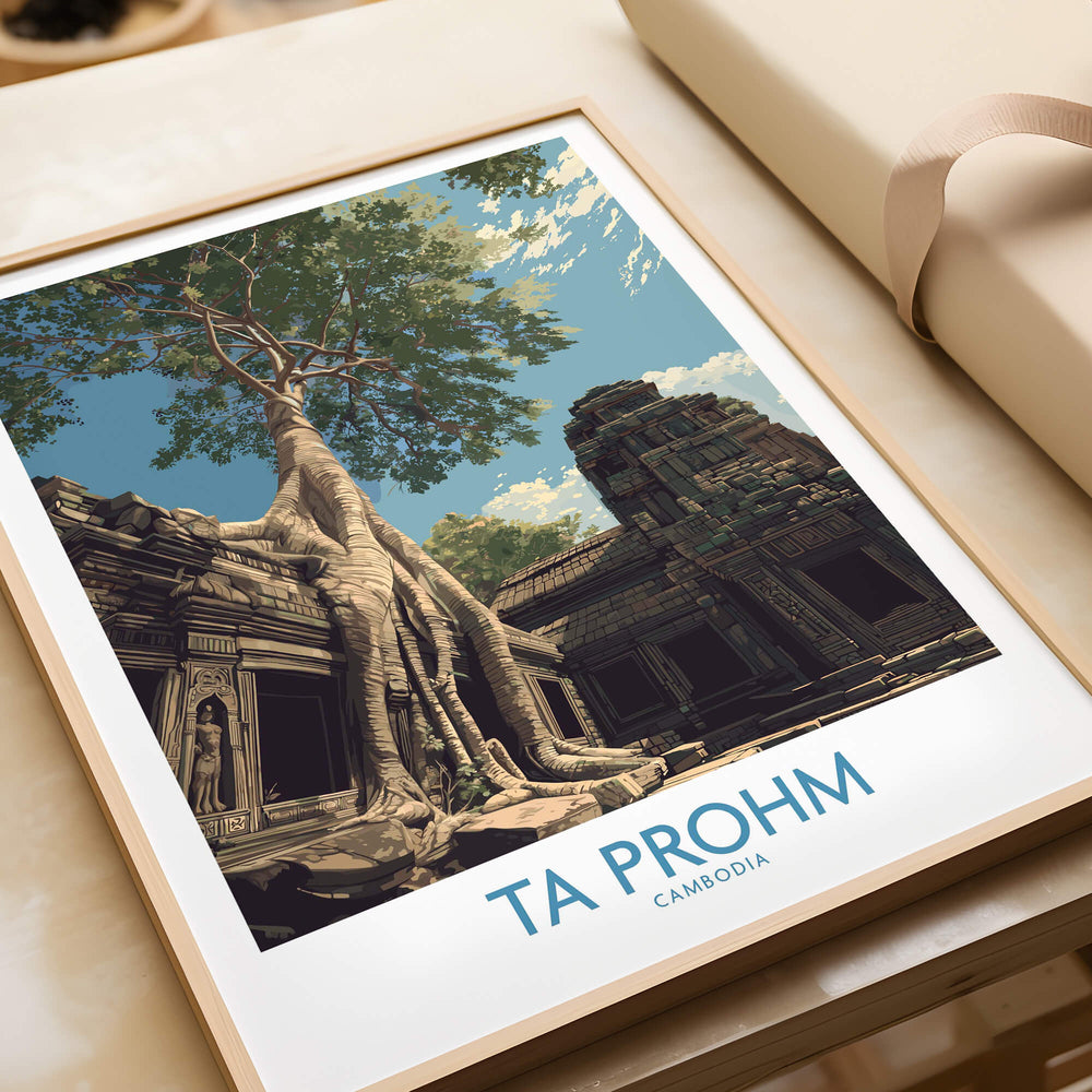 Ta Prohm Cambodia Poster | Sunset Jungle Temple Scene Canvas Print framed artwork showcasing ancient ruins and lush vegetation.