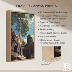 Ta Prohm Wall Art Cambodia Print | Historic Khmer Temple Ruins Travel Poster framed canvas with natural texture.